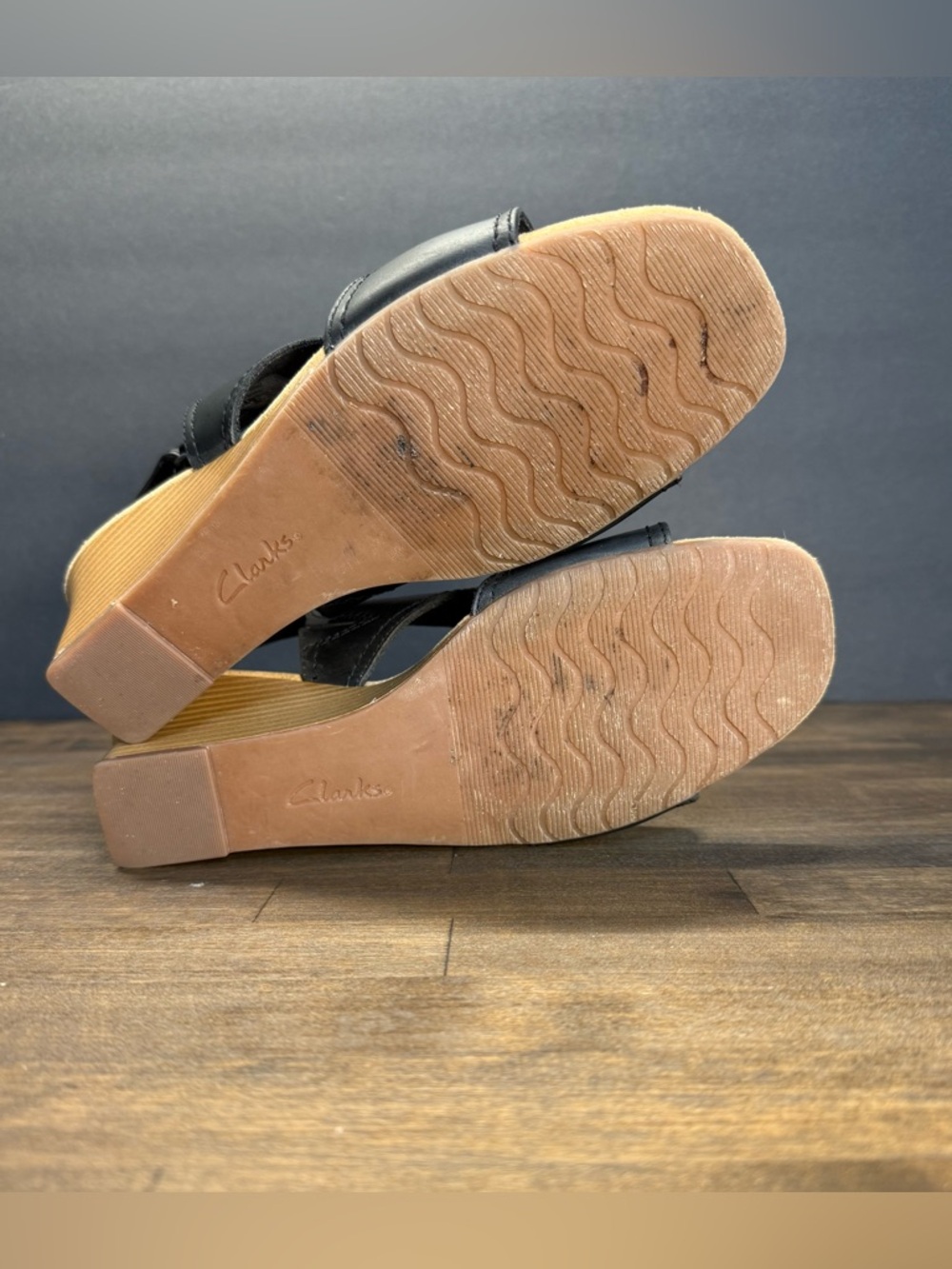 Clarks Black Leather Wedge Sandals with Tan Wedge - Picture 6 of 10